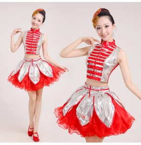 Silver red patchwork turtle neck modern dance stage performance women's ladies female jazz ds dance costumes outfits set